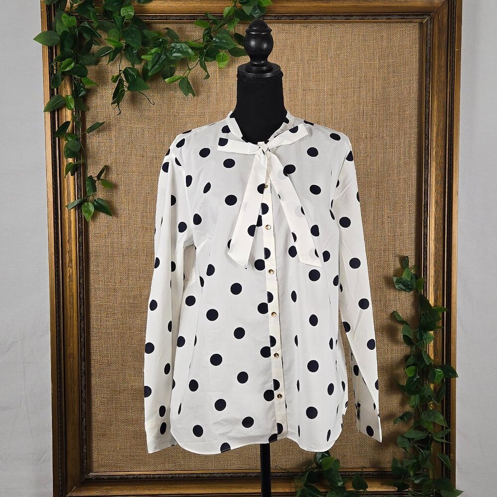 Charter Club Long Sleeved Polka Dot Tie-Neck Button Up Blouse